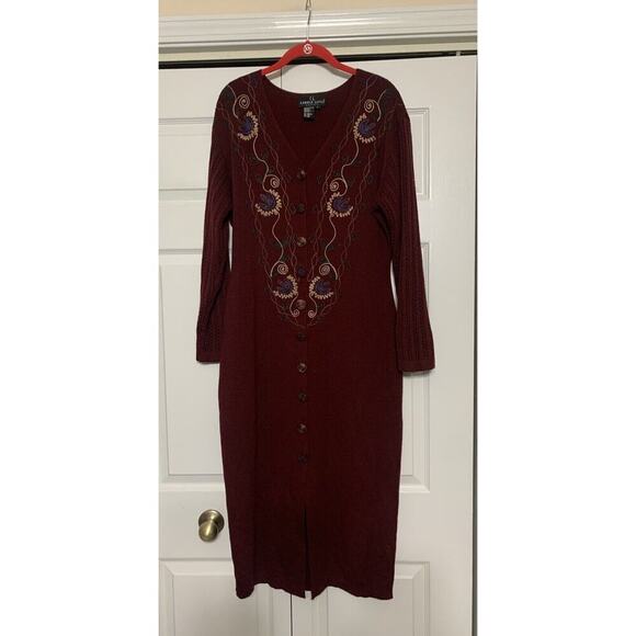 Vintage Carole Little Wool Blend Burgundy Embroidered Knit Maxi Sweater Dress L - Picture 3 of 9